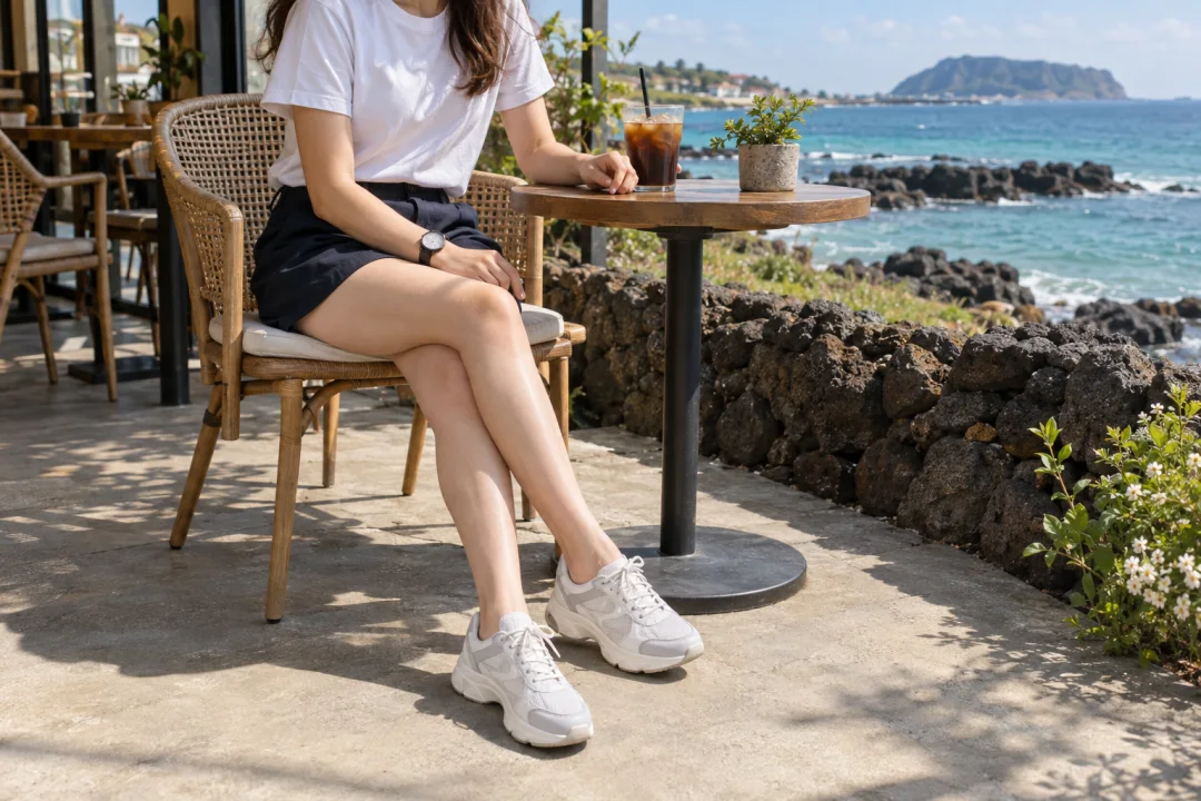 제주 해변 카페의 흰 티와 반바지 코디