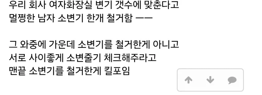 소변기 세 개 중 맨 끝 한 개를 철거한 회사 화장실 사진과 작성자의 사연 · 2/2